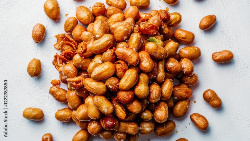 Poster heap of salted marinated peanuts on white background with golden brown tones and scattered nuts crea