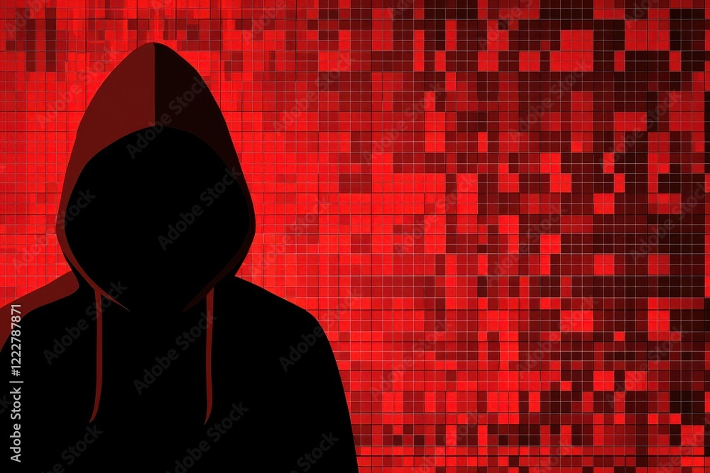Aufkleber anonymous hooded figure against red pixelated background cyber security hacker threat concept
