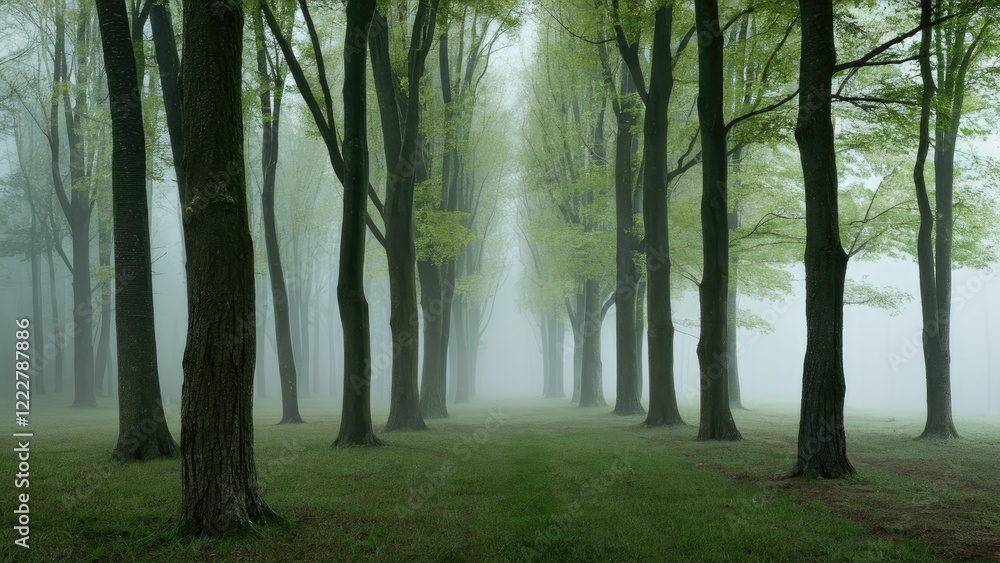 Poster lush green trees line a foggy path in a serene spring forest, with soft light filtering through the 