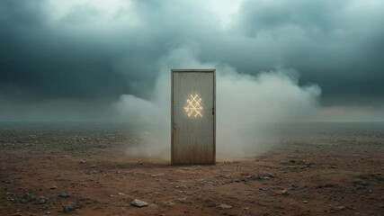 An old wooden door standing alone in a desolate desert landscape with stormy clouds and dust, evoking mystery, intrigue and surreal vibes