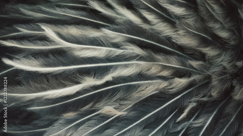 Poster featherlike texture showing gray and white wool patterns with a soft, flowing arrangement in the cen