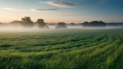 Serene foggy landscape at dawn with lush green grass fields in gentle curves and silhouettes of trees against a pastel sky.