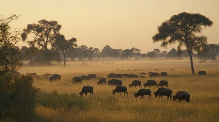 Fototapeta premium Wildebeest grazing in African savanna at sunrise