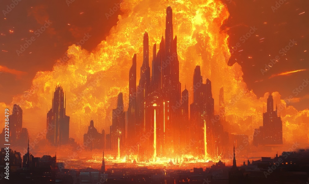 Poster futuristic skyline with towering structures against fiery backdrop