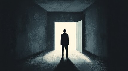 Obraz premium Man Silhouette at Doorway Light at End Hope Opportunity New Beginning Dark Room Surreal Abstract