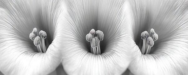 Three white flowers, close-up, petals, stamens, nature, botanical, floral background