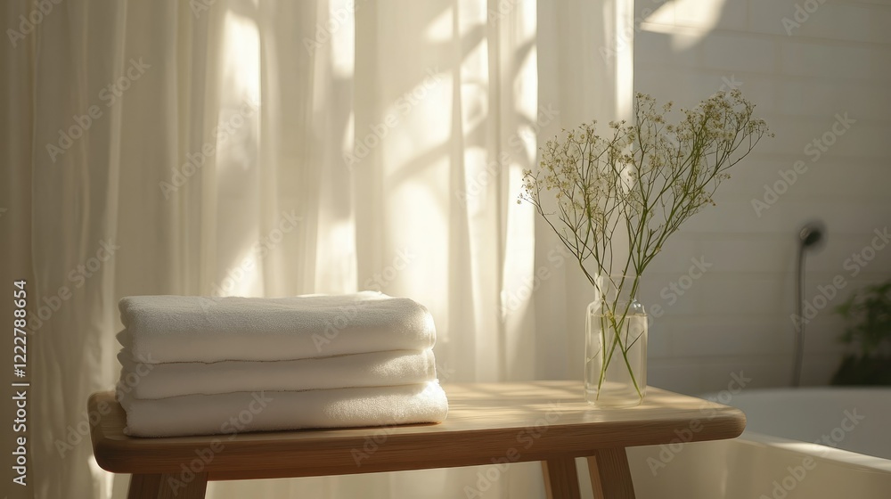 Poster a tidy stack of fresh white sheets on a bathroom table, illuminated by natural light in a minimalist