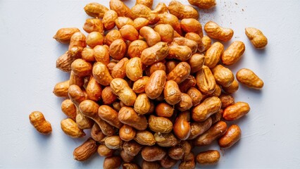 Obraz premium Heap of salted and marinated peanuts with a golden brown hue positioned centrally against a clean white background showcasing texture and detail