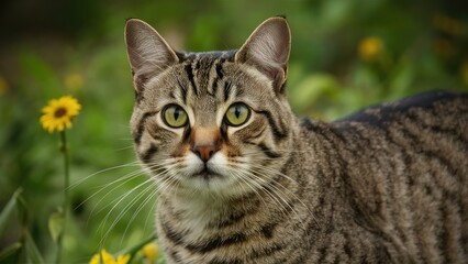 Tabby cat with striking green eyes surrounded by bright yellow flowers in a lush green field, showcasing a vibrant natural setting.