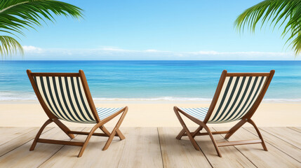 Two striped deck chairs on tropical beach with palm leaves