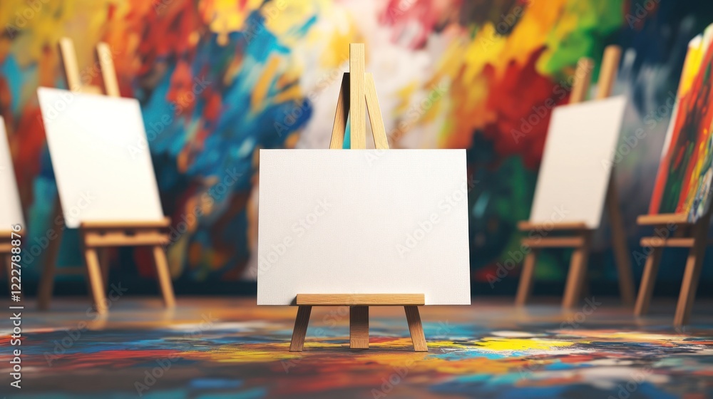 Aufkleber blank canvas on easel in art studio with colorful background.