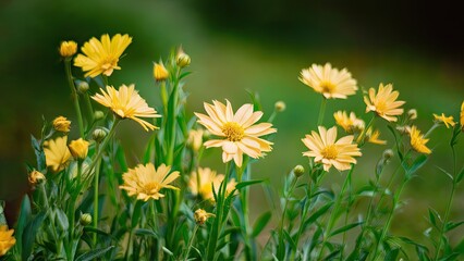 Bright yellow flowers in full bloom amidst lush green foliage, softly blurred background enhances floral details and vibrant colors.