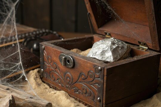 Glinting silver chunk nestled among the intricate carvings of an old wooden chest, surrounded by dusty velvet and cobwebs, antique box, old furniture - Powered by Adobe