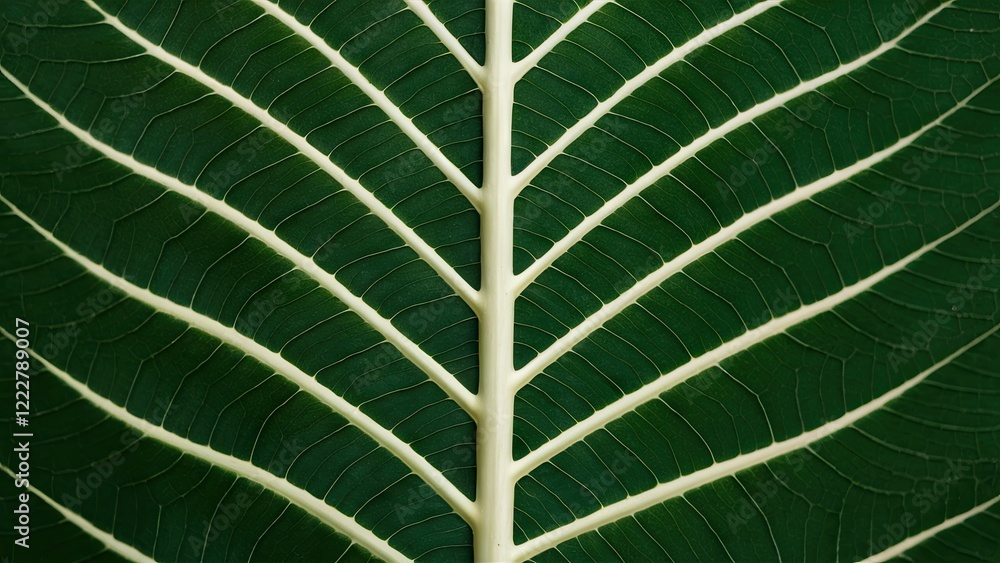 Poster detailed closeup of a green leaf displaying intricate white vein patterns with a smooth textured sur