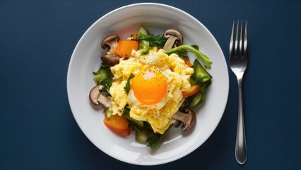 Scrambled eggs topped with bright yellow yolk served on a plate with vibrant green peppers mushrooms and orange tomatoes on a dark blue background