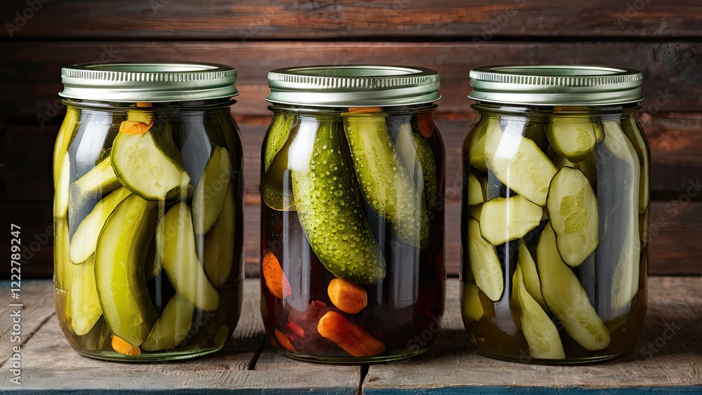 Poster three jars of pickles filled with sliced cucumbers and carrots arranged on a wooden table against a 