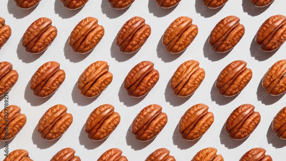 Poster pecan nut kernels arranged in a symmetrical pattern on a light gray background, showcasing rich brow