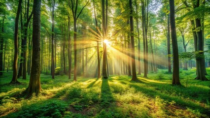 A serene forest scene with tall trees and lush greenery bathed in warm sunlight, as sun rays filter through leaves and illuminate the forest floor, tree tops, outdoors