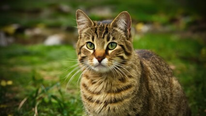 Tabby cat with striking green eyes sitting on grass, facing camera, showcasing detailed fur patterns and natural outdoor background.