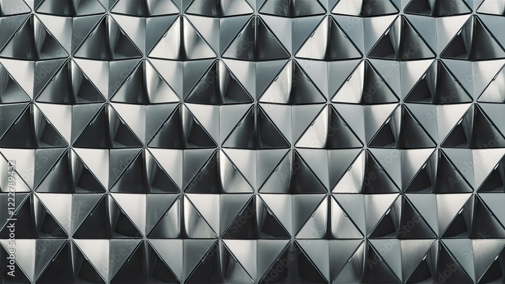 Poster reflective gray metal surface with diamond-shaped triangular patterns arranged in a geometric design