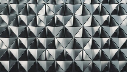 Obraz premium Reflective gray metal surface with diamond-shaped triangular patterns arranged in a geometric design creating a sleek and modern texture.