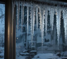 Glittering icicles hanging from a frosty window, frosty windows, glitter christmas day
