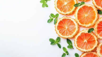 Fresh grapefruit slices and mint leaves on white background.
