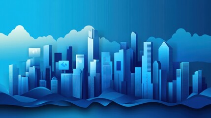 Obraz premium Stylized paper-cut city skyline illustration, blue gradient, modern urban landscape.