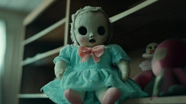 A worn vintage doll with a pale blue dress and a pink bow sitting on a dusty shelf in an abandoned space, evoking fear, decay and unsettling mystery