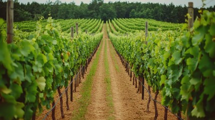 Obraz premium Gardening landscaping idea. A serene vineyard landscape showcasing rows of lush green grapevines under a clear sky.