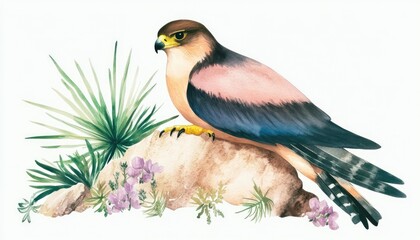 Naklejka premium A detailed illustration of a falcon perched on a rock, surrounded by lush greenery and flowers