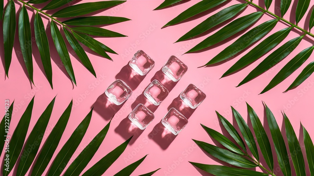 Poster ice cubes placed symmetrically on pink backdrop with palm leaves on edges creating vibrant contrast 