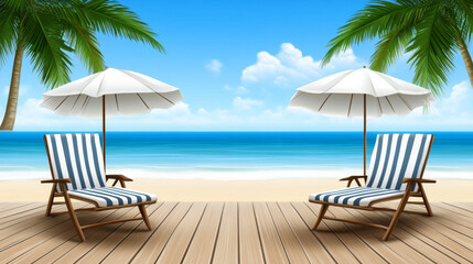 Obraz premium Two striped beach chairs under umbrellas on sunny tropical beach