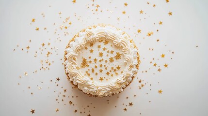 Obraz premium Delicious round cake decorated with whipped cream and golden stars on white background.
