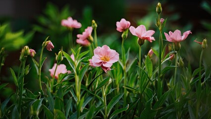 Obraz premium Delicate pink flowers in full bloom, centered among lush green foliage, creating a serene and vibrant natural scene in a garden setting.