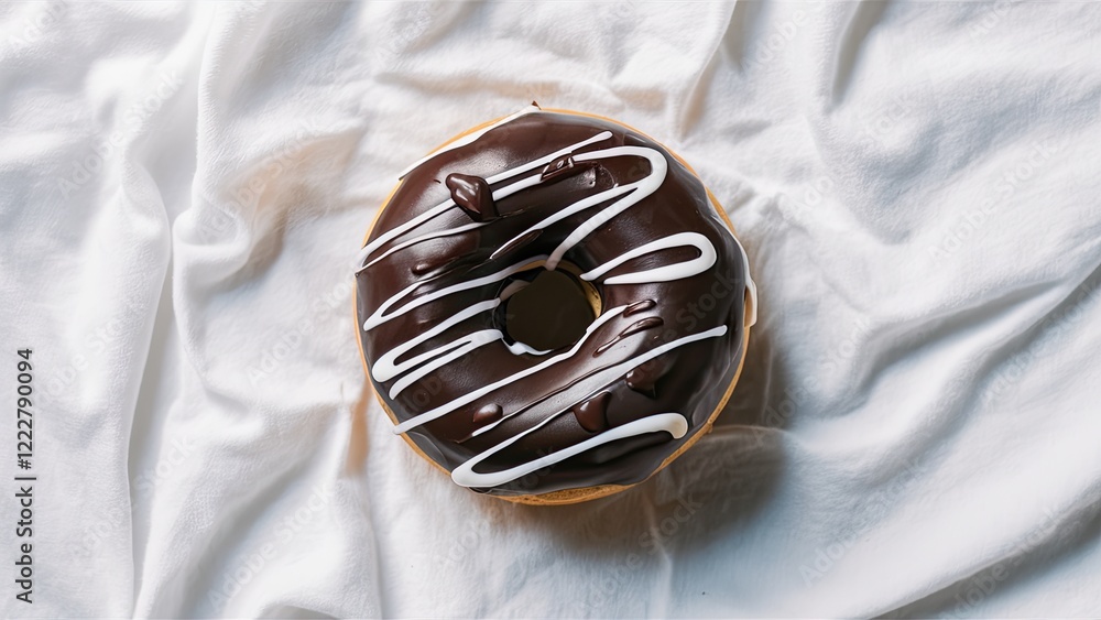 Poster chocolate donut drizzled with white icing on a soft white fabric background positioned centrally wit