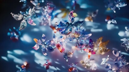 Colorful glass butterflies float, dark background, design element