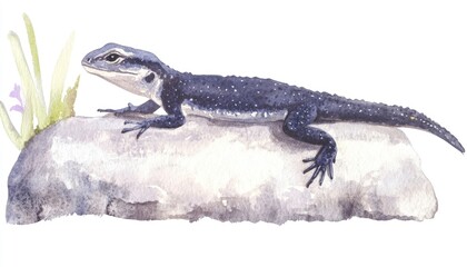 A detailed watercolor illustration of a lizard resting on a rock, surrounded by soft greenery and flowers