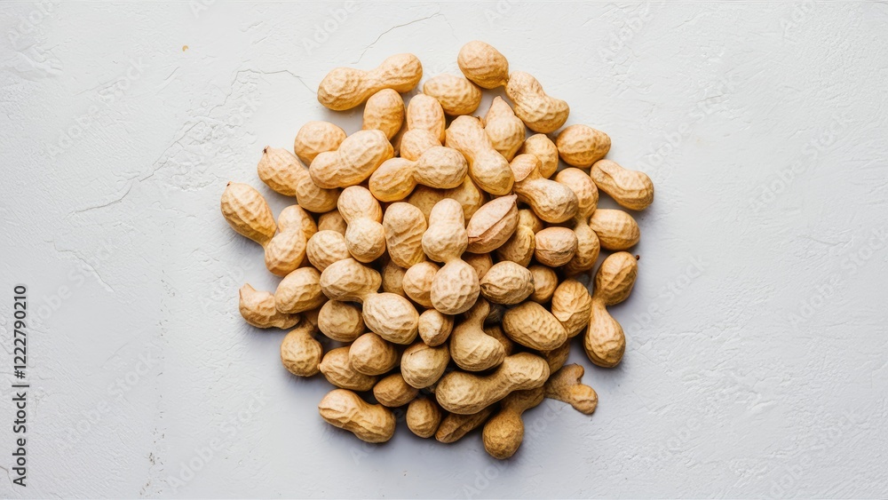 Poster heap of unpeeled raw peanuts arranged in a circular pile on a light textured background with pale cr