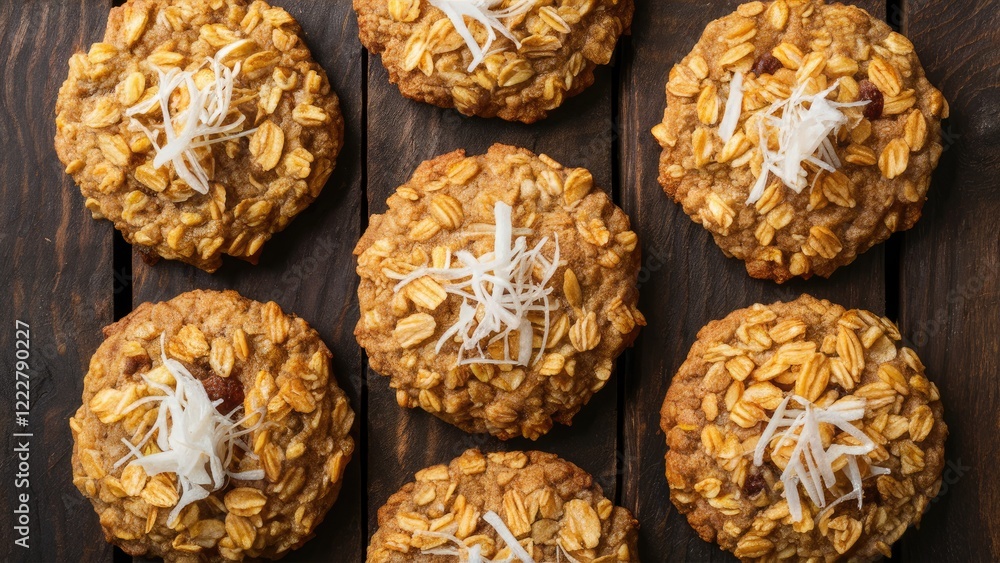 Poster oatmeal cookies topped with shredded coconut arranged in a circular pattern on a dark rustic wooden 