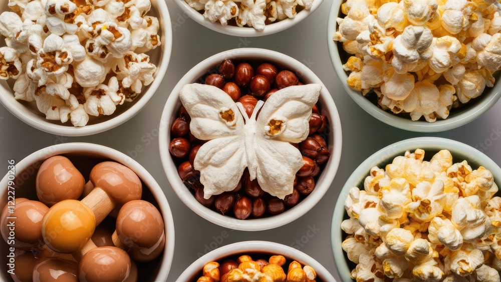 Poster assorted bowls of popcorn arranged in a circular pattern featuring white butterfly-shaped popcorn in