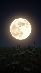 Fototapeta premium Glowing full moon above a field of wildflowers in the night, countryside, peaceful landscape
