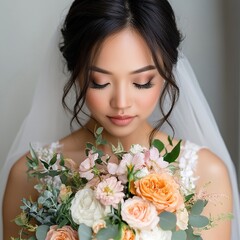 Naklejka premium Bride holding peach and white bouquet.