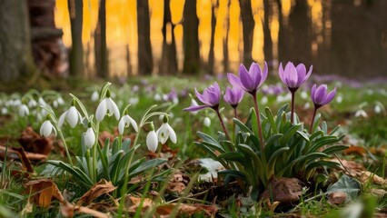 Fototapeta premium Vibrant purple and white flowers bloom in a lush green meadow surrounded by trees, illuminated by a golden sunset in the background.