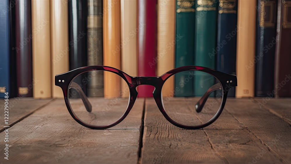 Poster round tortoiseshell spectacles positioned centrally in front of a colorful bookshelf with leather-bo