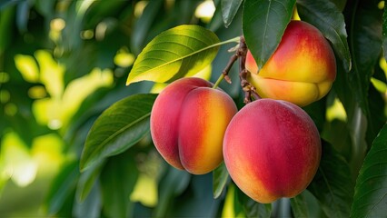 Vibrant ripe nectarines in shades of red and yellow hanging from lush green leaves against a blurred natural background highlighting their juicy allure