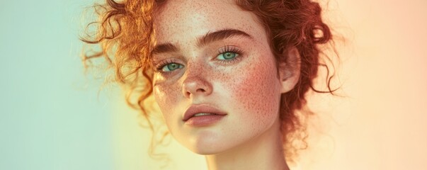 Fototapeta premium Young caucasian female with curly red hair and freckles in soft lighting