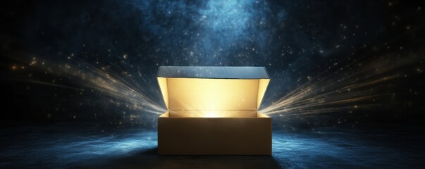 Mysterious glowing box in a dark magical setting with radiant light