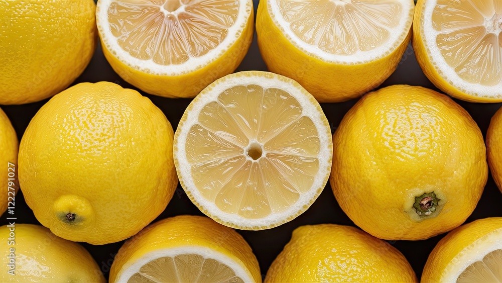 Poster fresh yellow lemons arranged in a circular pattern with one cut lemon in the center showing its juic