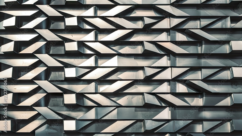 Poster geometric steel pattern on silver metallic sheets with angular shapes arranged diagonally creating a